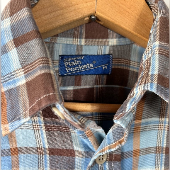 JCPenney vintage flannel plaid long sleeve shirt, Med, cotton blue brown Western - Picture 2 of 6